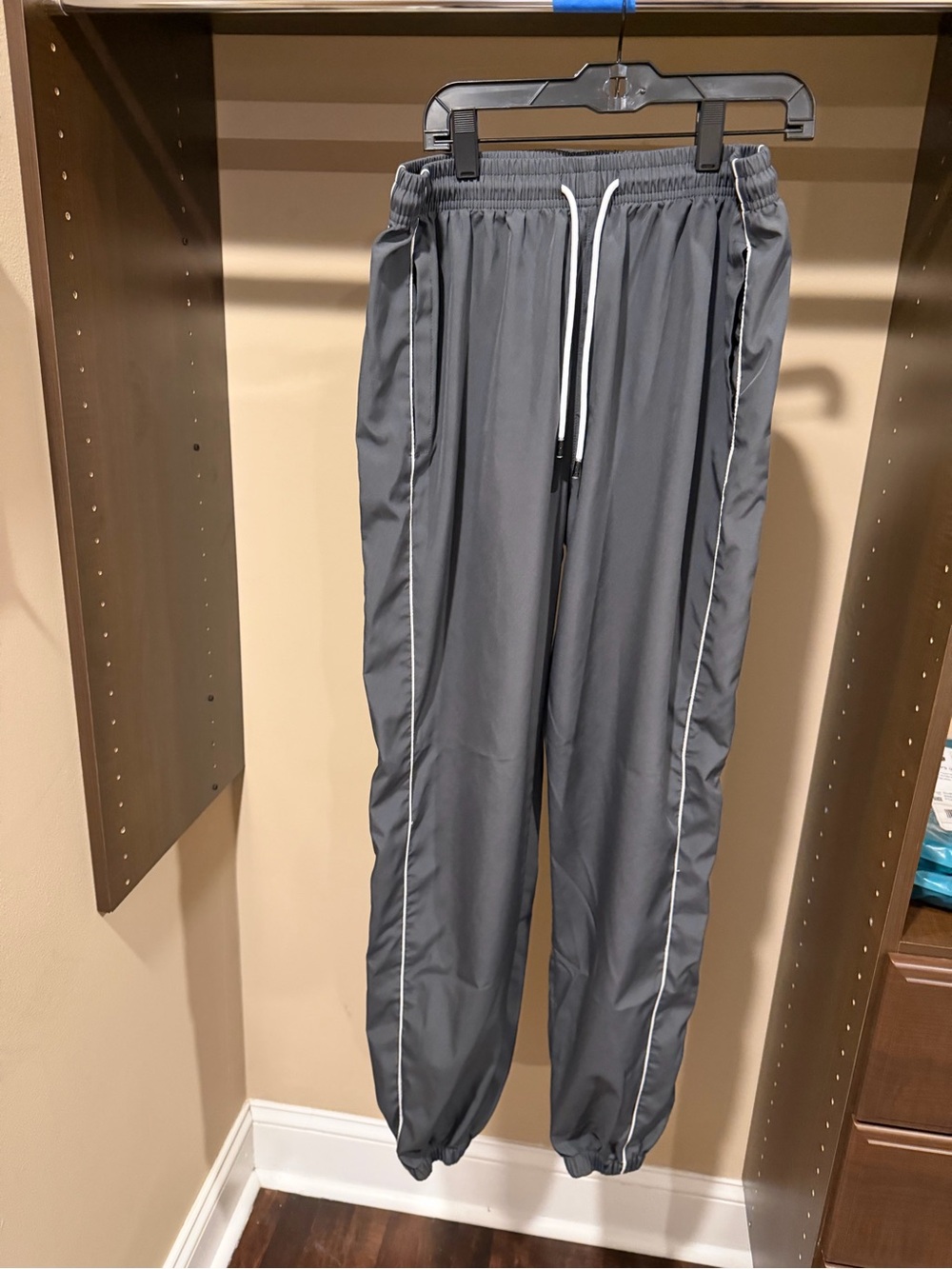 Men's Gray Track Joggers with White Piping and Drawcord